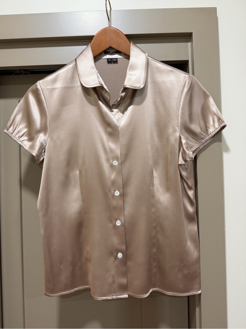 Theory Silk Short-Sleeve Button-Down Blouse in Champagne Beige
